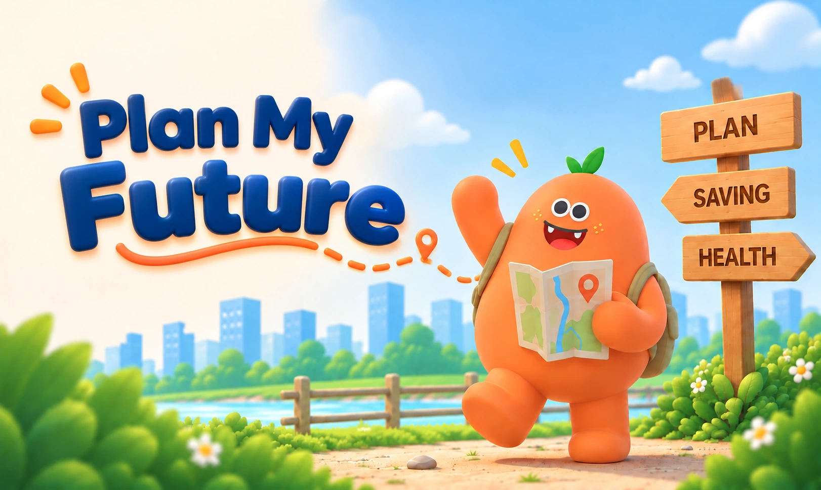 Plan My Future — maskot HANI bersiap merencanakan masa depan, di persimpangan Plan/Saving/Health