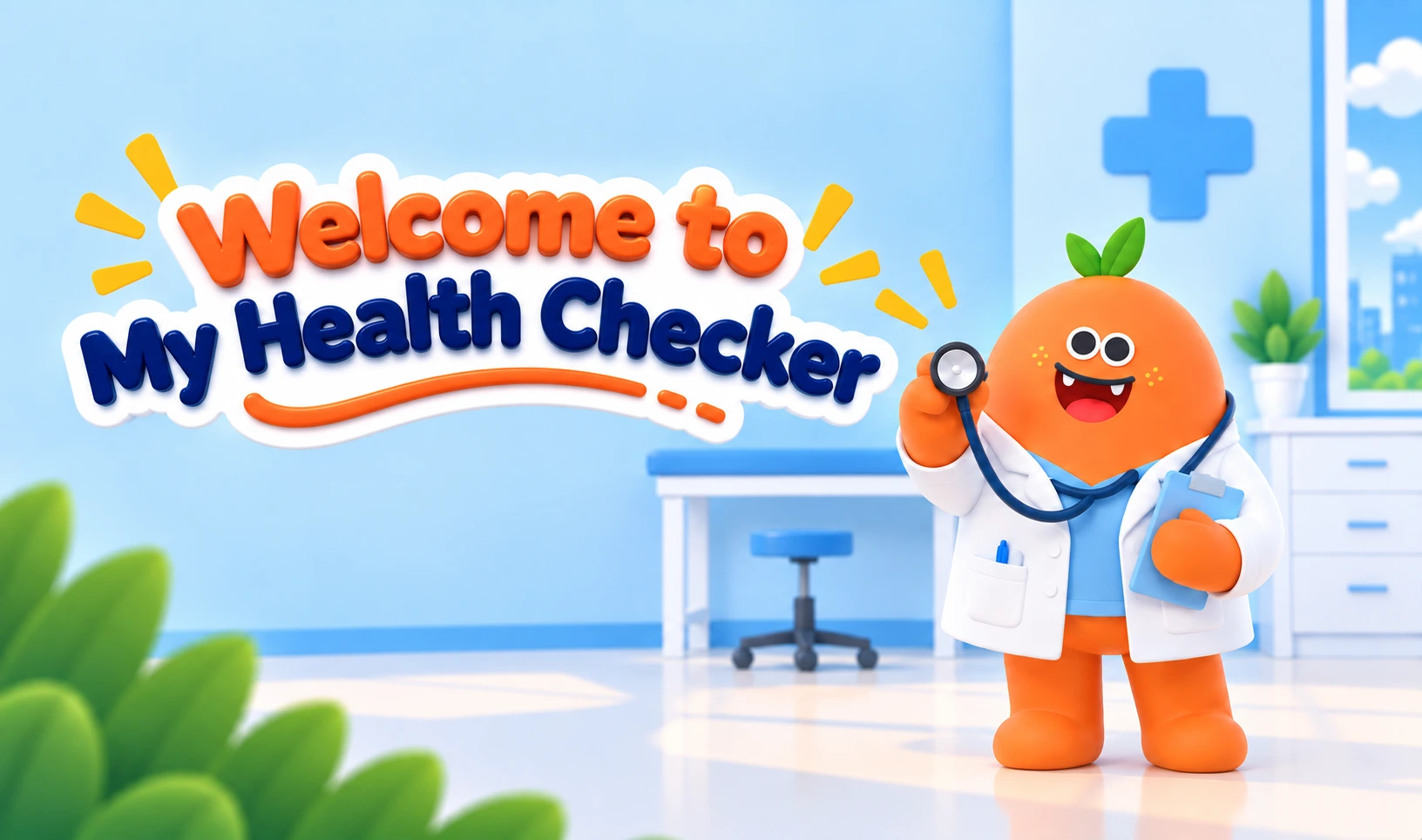 Selamat datang di My Health Checker — maskot HANI berperan sebagai dokter di ruang periksa