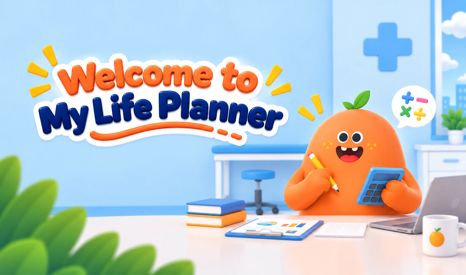 Selamat datang di My Life Planner — maskot HANI di meja kerja dengan kalkulator dan laptop